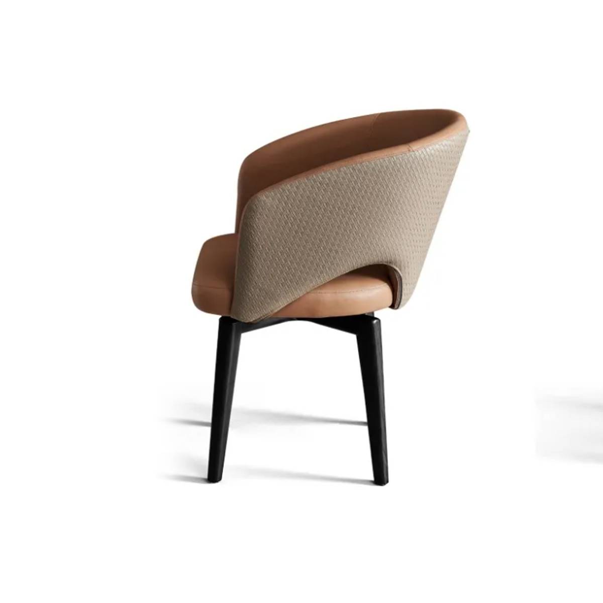Side view of the dining chair showing the mixed fabric and leather backrest