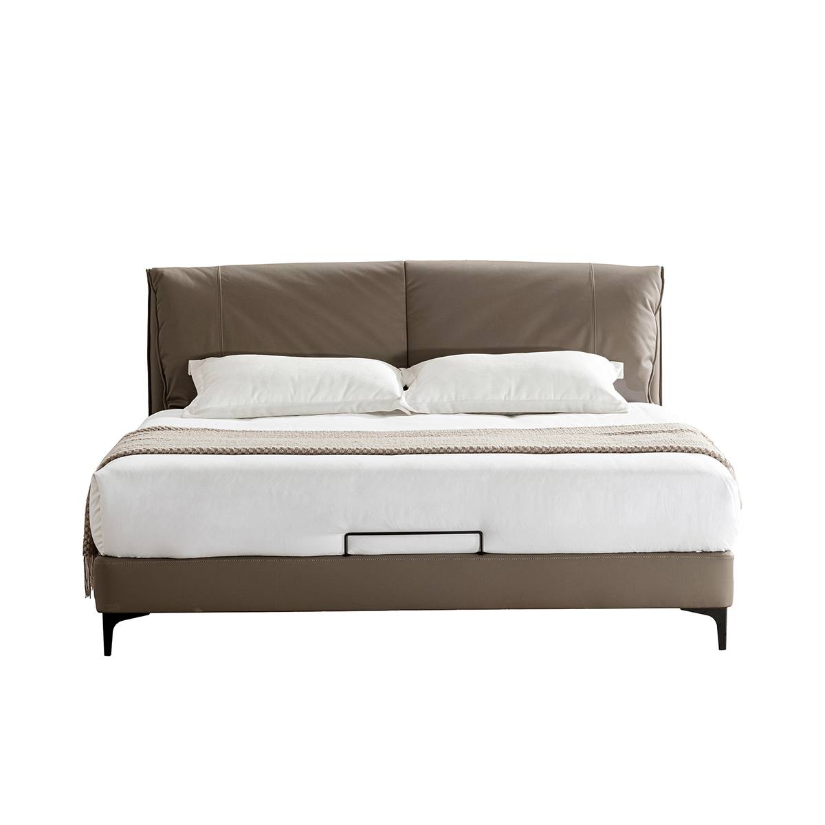 Front view of the brown leather upholstered bed with white bedding