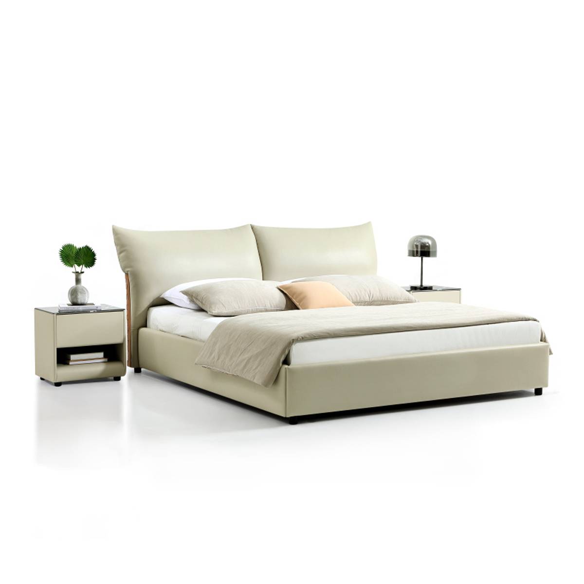 Side angle view of the bed frame highlighting the leather texture and structure