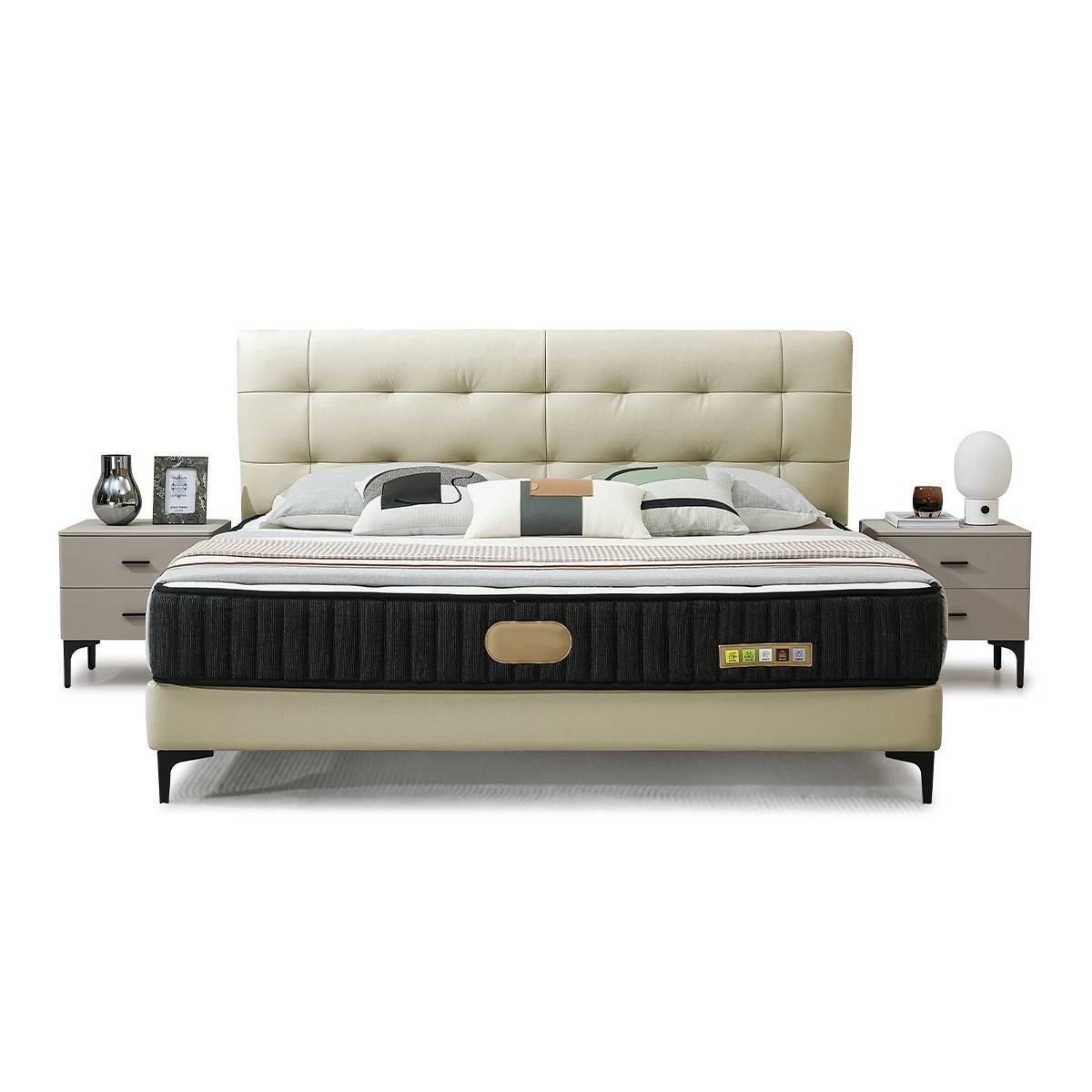 Front view of the bed frame and mattress against a white background, showing the tufted headboard and slat base.