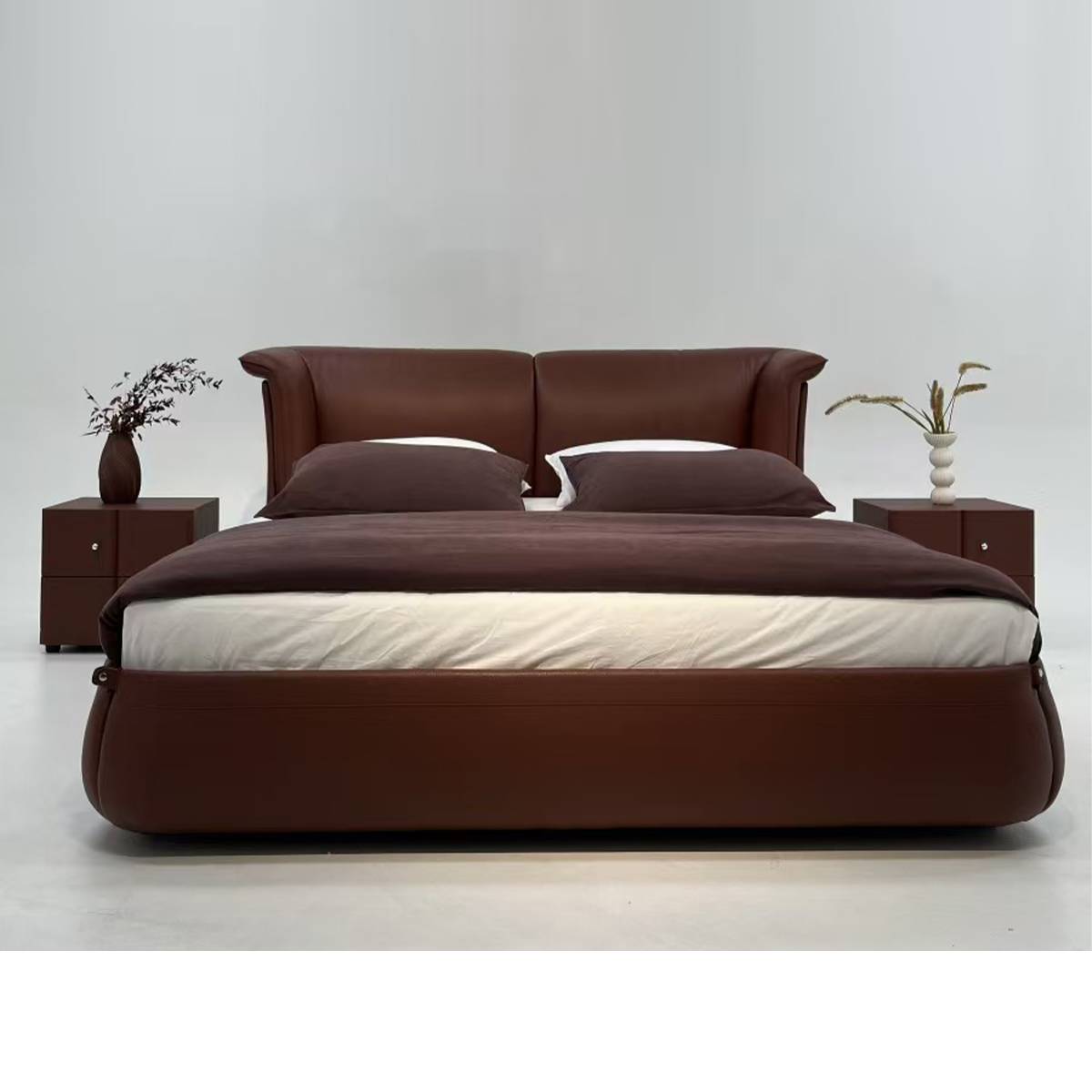 Front view of the brown leather bed frame