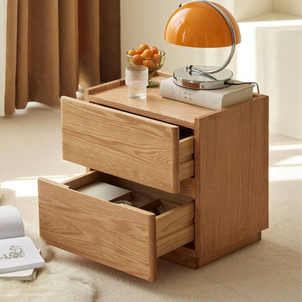 Close up of bedside table with both drawers pulled out