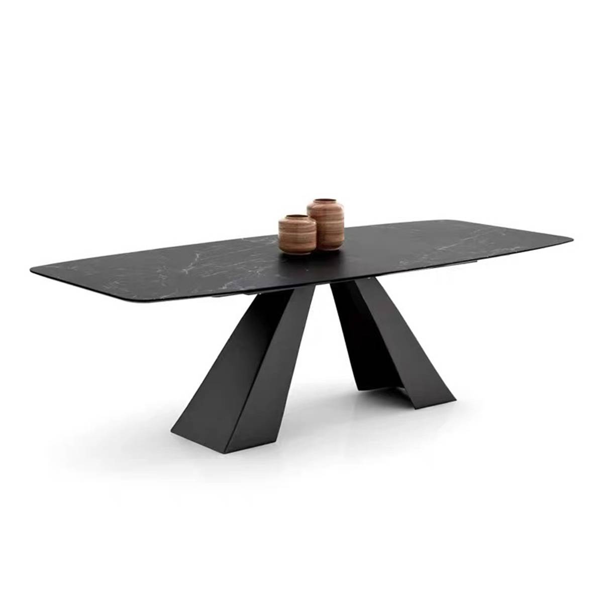 Dining table with black marble pattern top and wooden vases