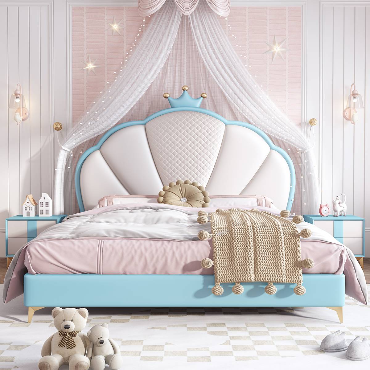 Light blue and white upholstered children's bed with crown headboard and canopy