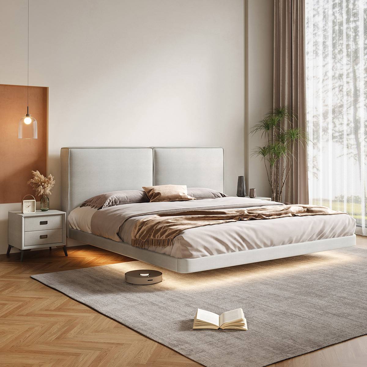 Side view of the beige floating bed near a window with curtains