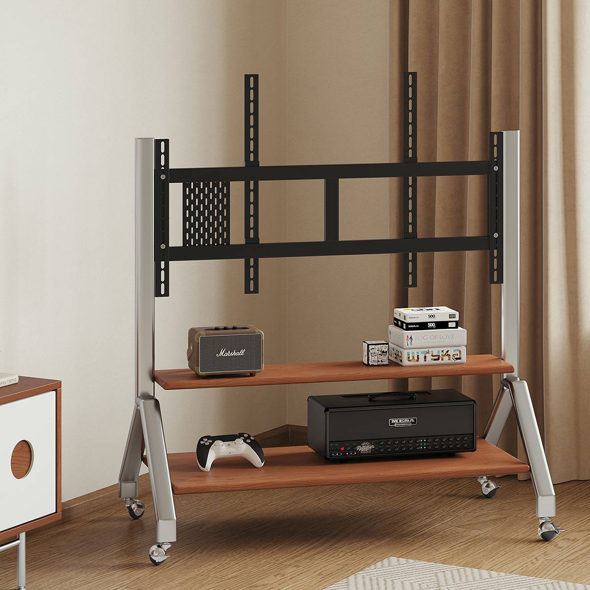 Side view of the TV stand without the television, showing the mounting bracket and shelves.