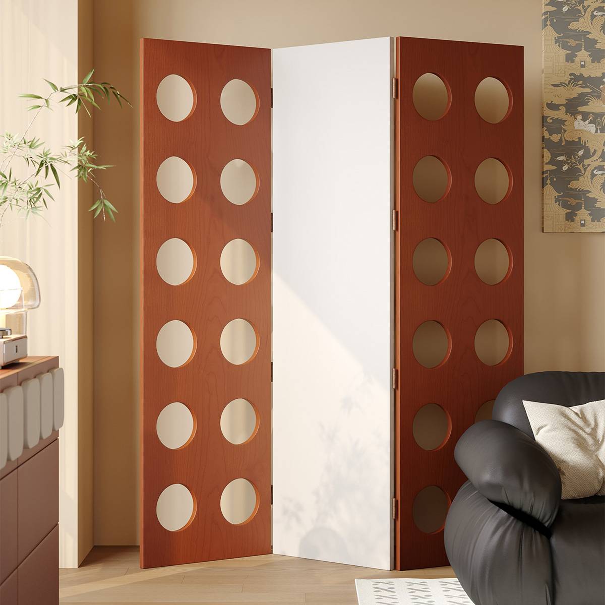 Close-up view of the room divider showing the wood grain and circular details