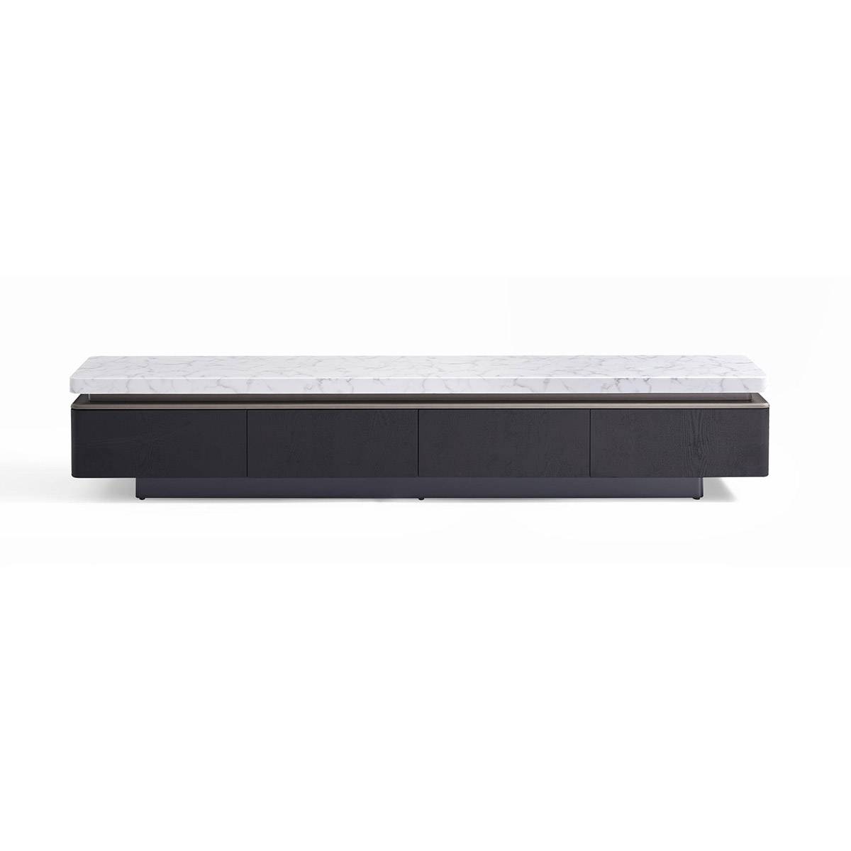 Front view of the modern TV console showing the full length and cabinet doors