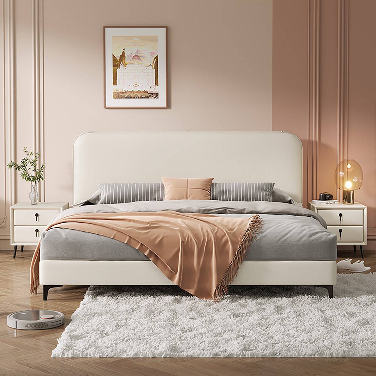 Grey upholstered bed with storage base in a modern bedroom setting