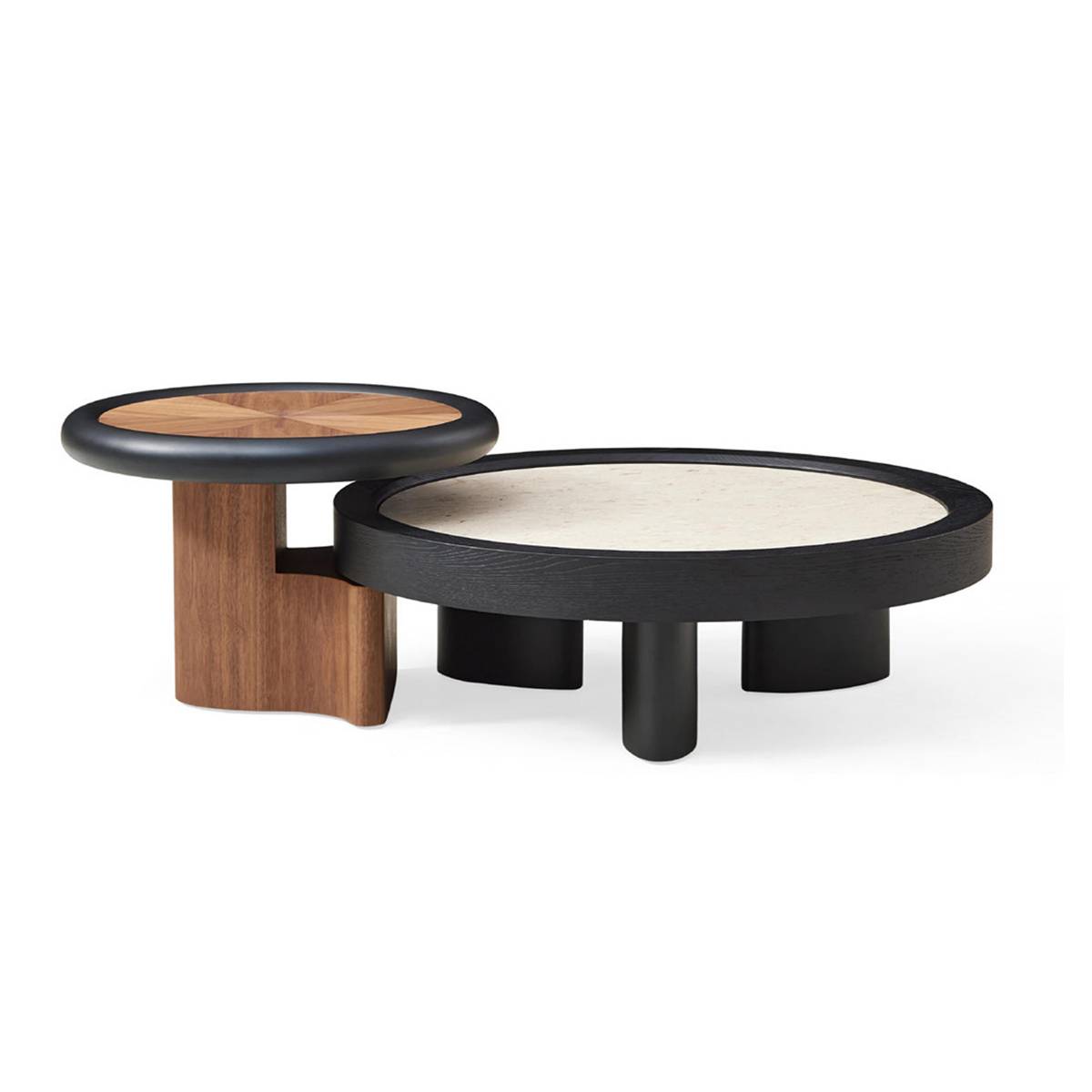 Side view of the coffee table set showing the black legs and wooden base