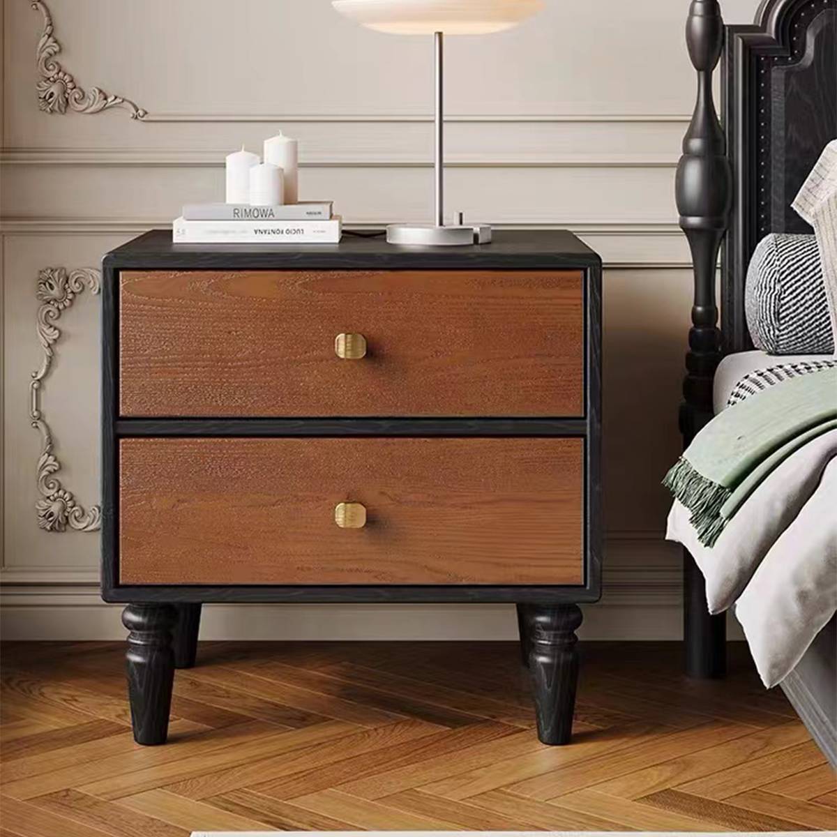 Side view of the bedside table with drawers open showing storage capacity
