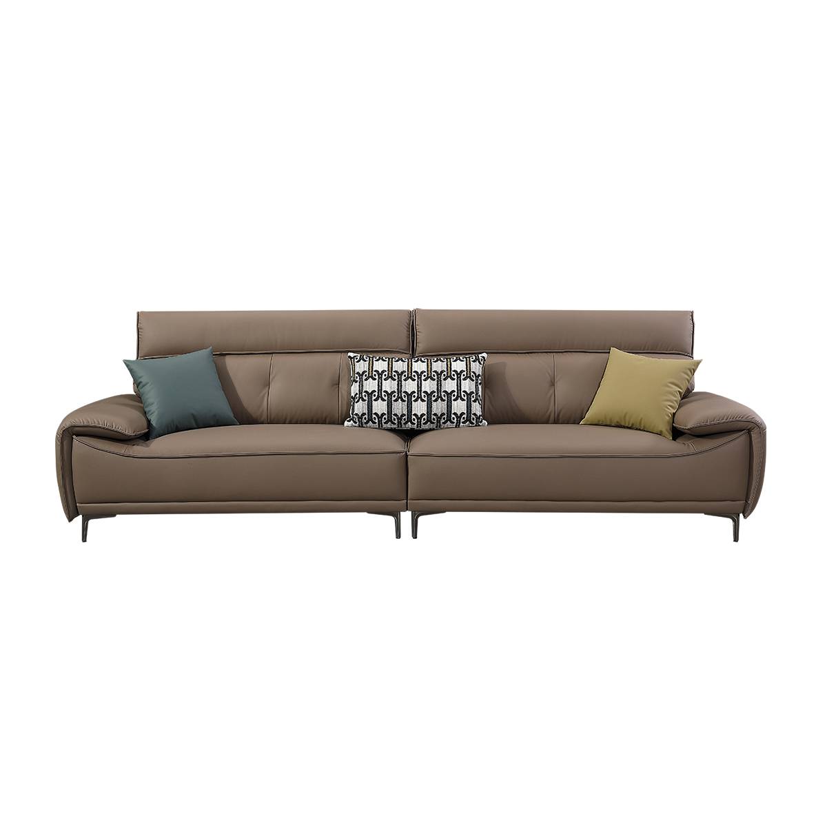 Front view of the brown sofa against a white background showing cushions