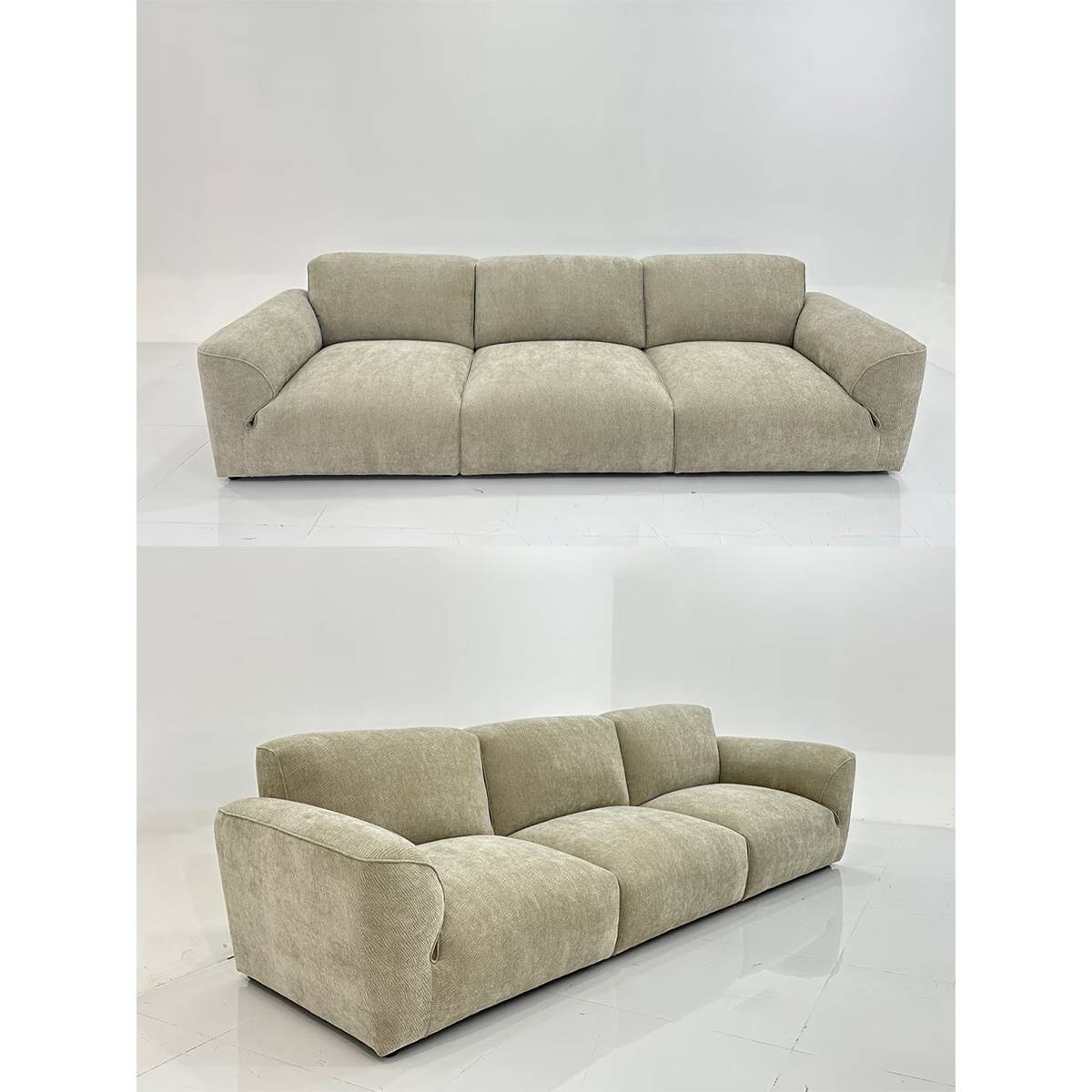 Front and angled view of the beige fabric sofa in a studio setting
