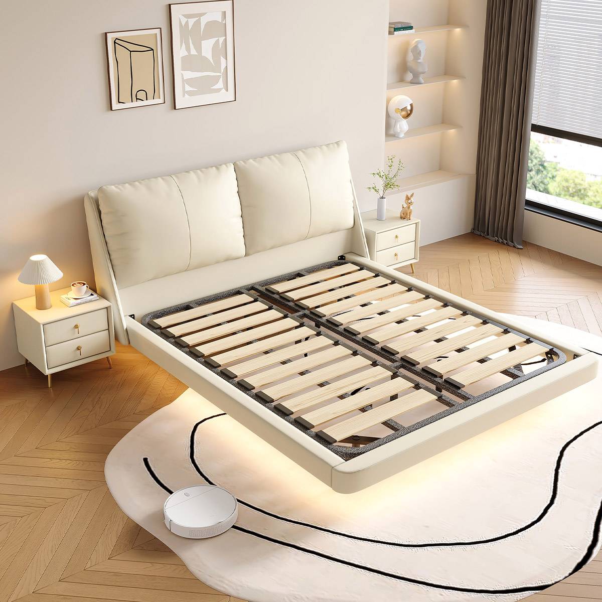 Beige floating bed frame showing steel-wood slat base structure