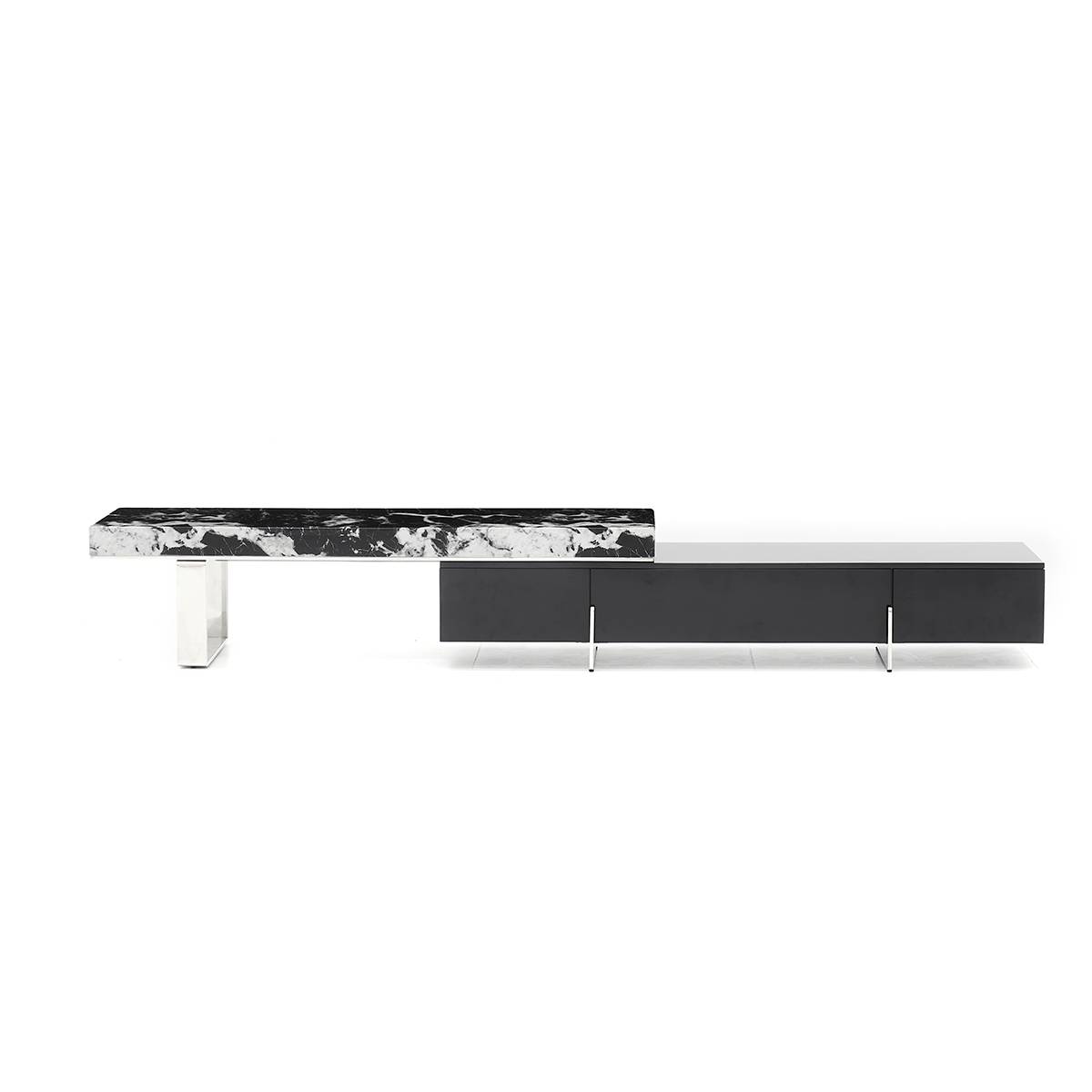 Front view of the black marble-effect TV console