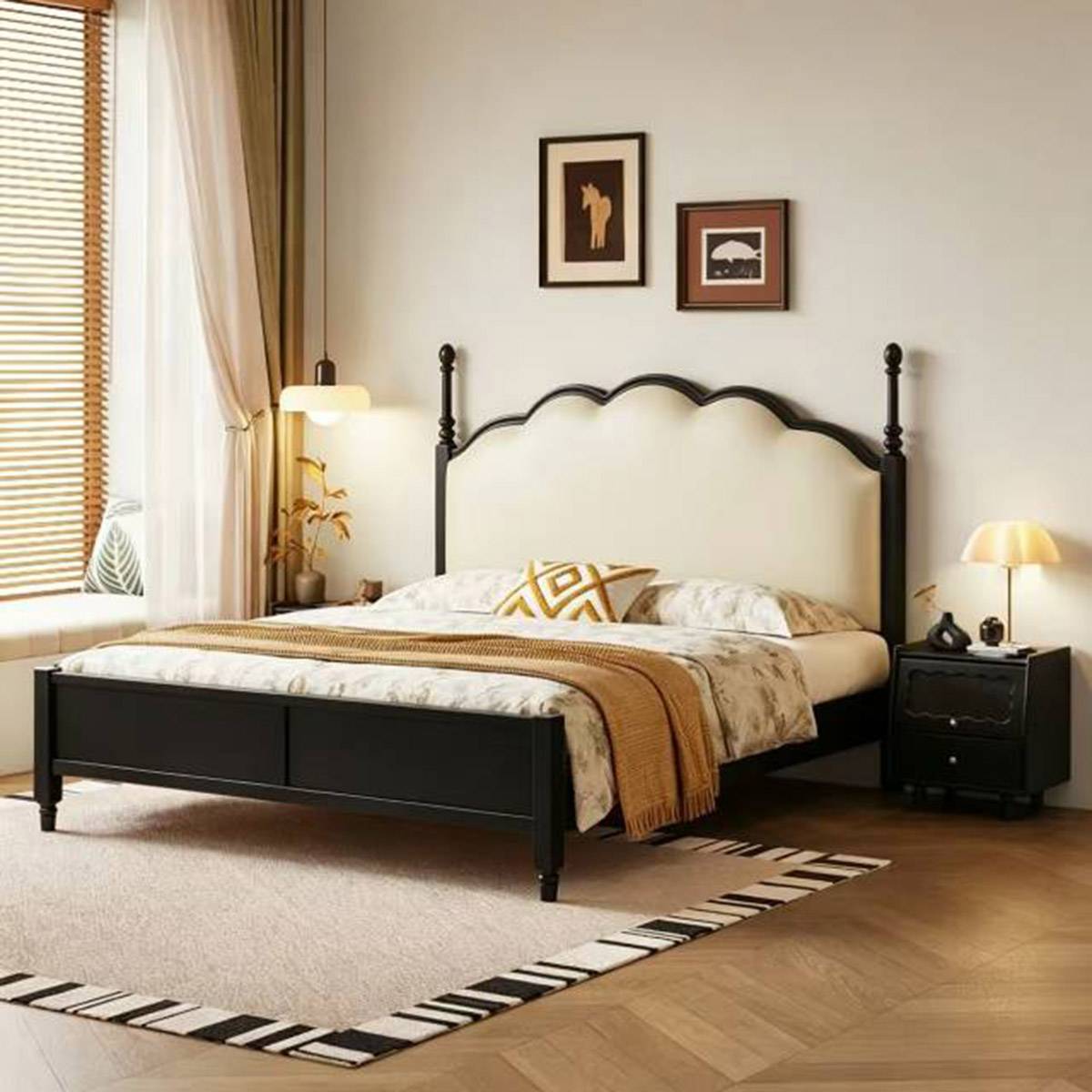 Black wood mid-century upholstered bed variation