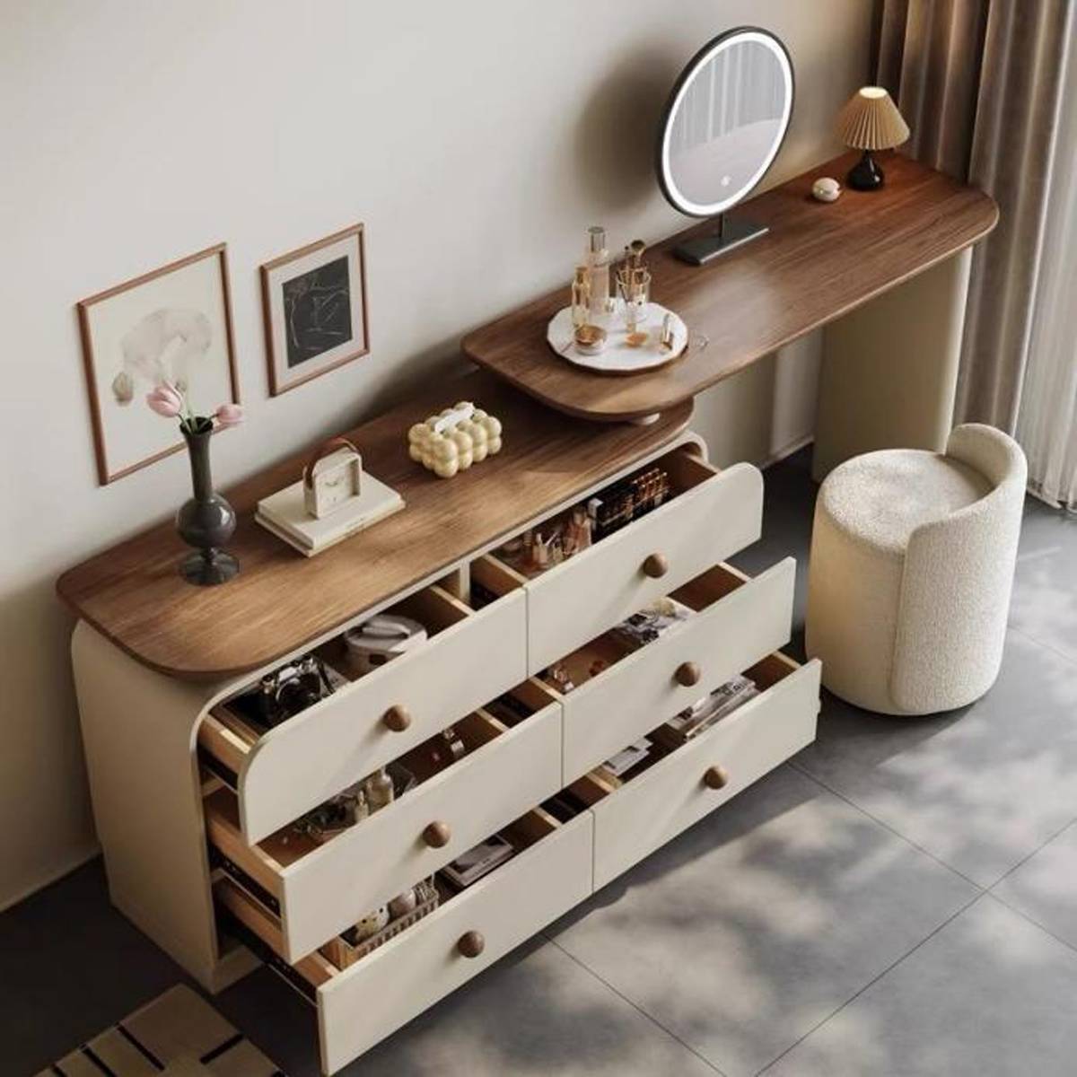 High angle view showing open drawers of the vanity cabinet