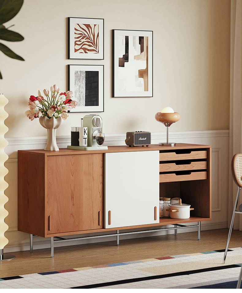 Full view of the sideboard in a living room setting with vintage and white color scheme