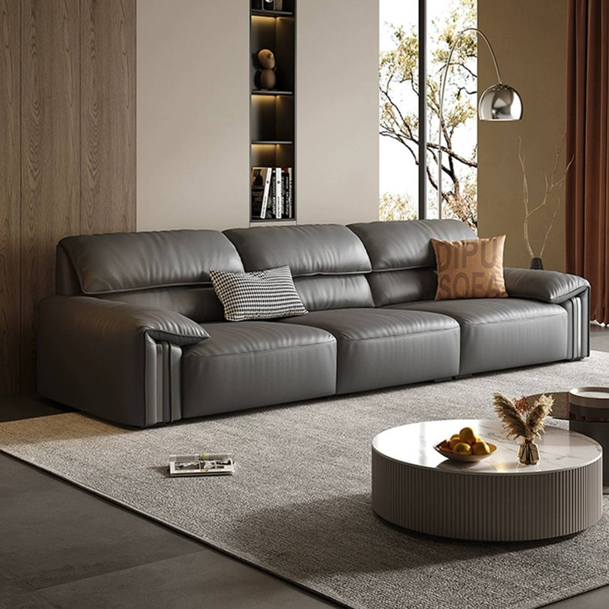 Grey straight row sofa in a modern living room setting