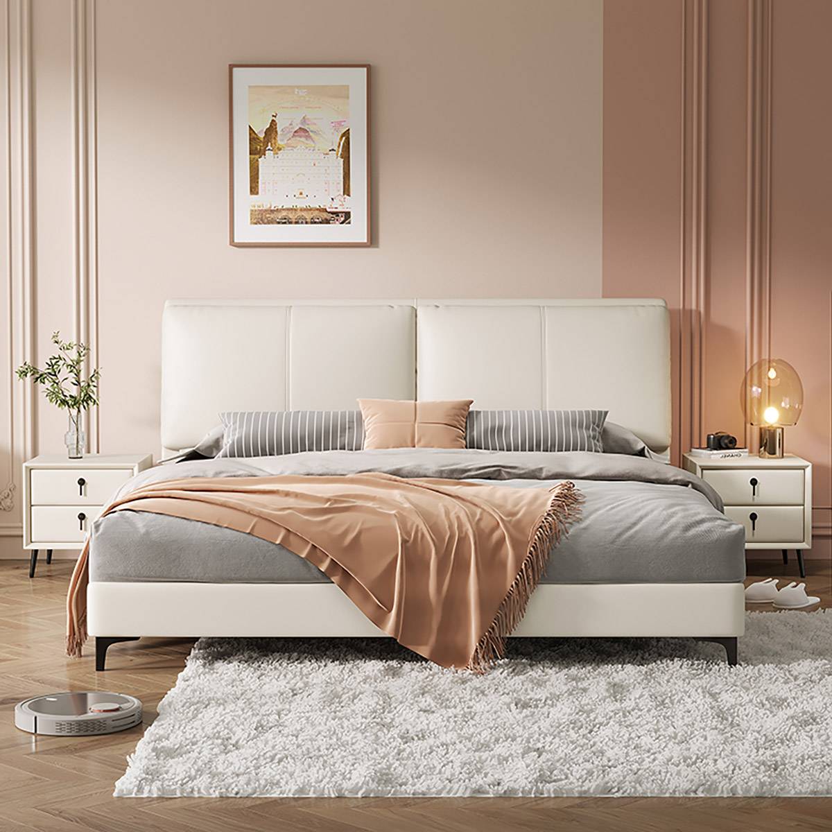 White upholstered bed with storage base in a modern bedroom setting