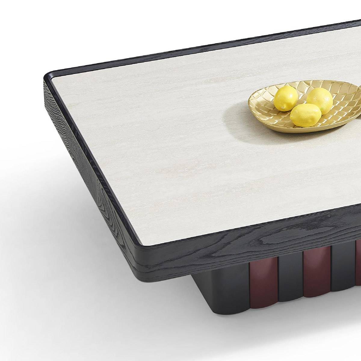 Close-up detail of the rectangular coffee table corner showing the sintered stone surface and the black wood grain edge.