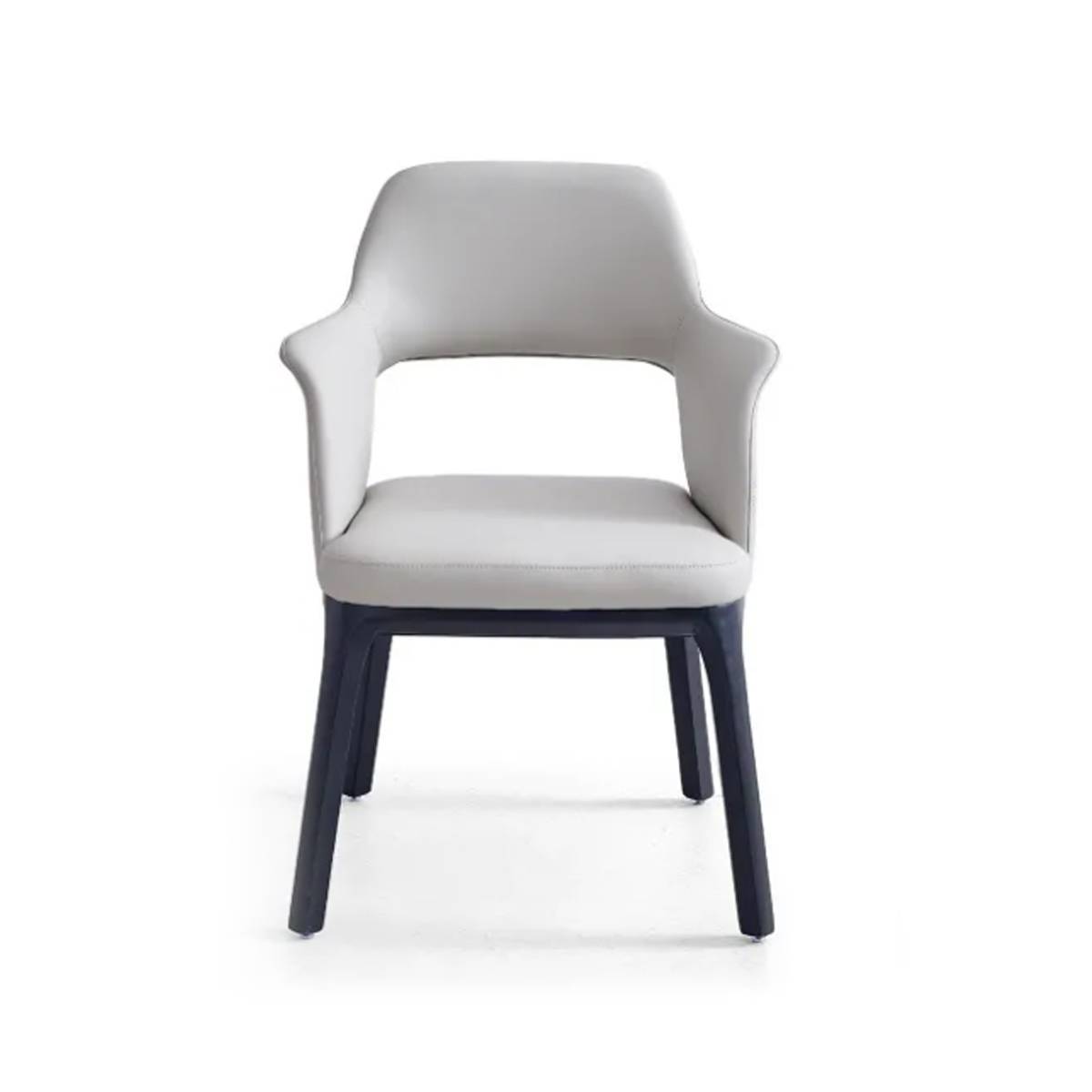 Front view of a light grey upholstered dining chair with dark wood legs
