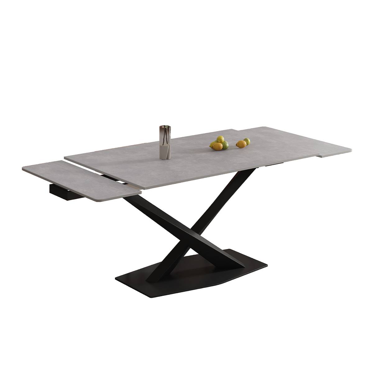 Studio shot of the dining table showing the extension mechanism and fruit on top.