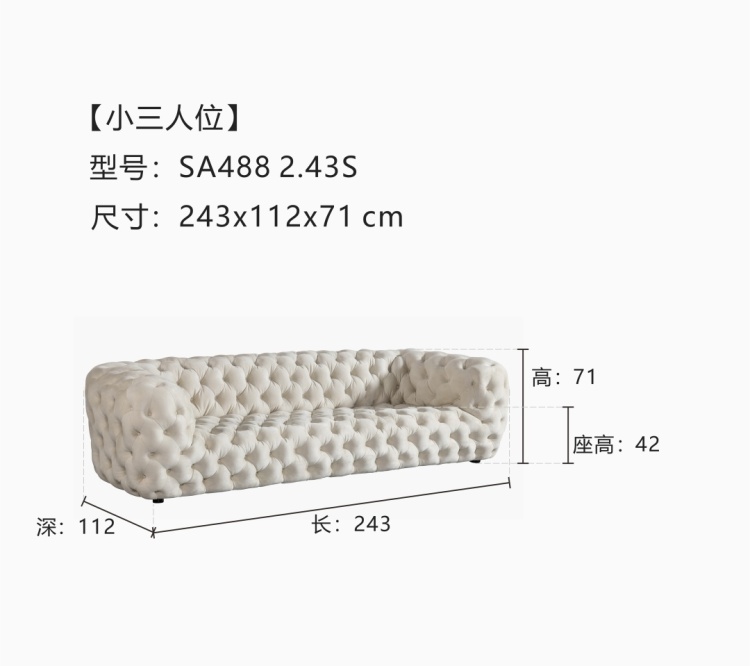 Product parameters for the small 3-seater model (SA488 2.43S) showing dimensions 243x112x71 cm