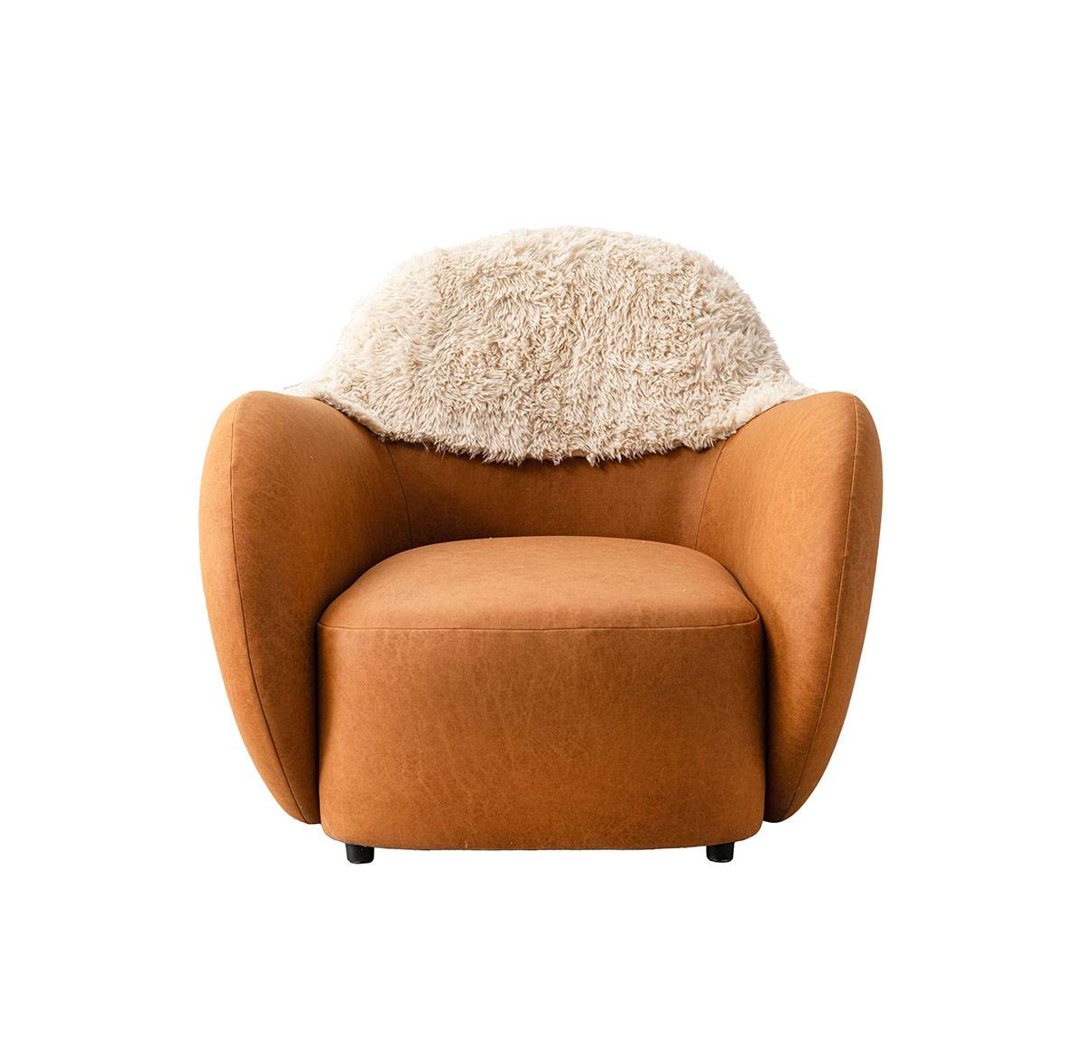 Front view of the orange lounge chair with fur throw