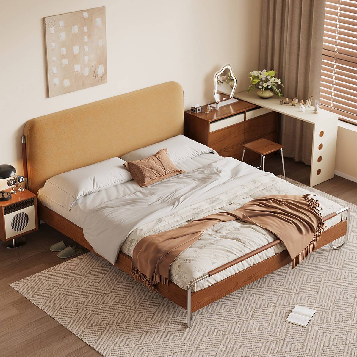 High angle view of the bed with bedding and a brown throw blanket