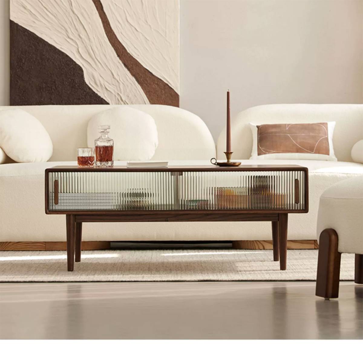 Dark wood finish version of the Fuji coffee table in a living room setting