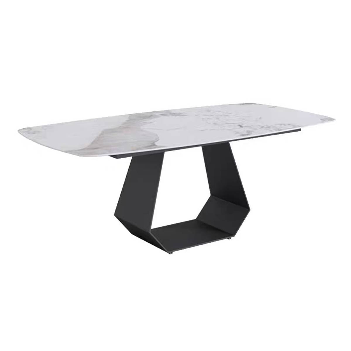 Side view of the dining table showing the white sintered stone top and black geometric steel base