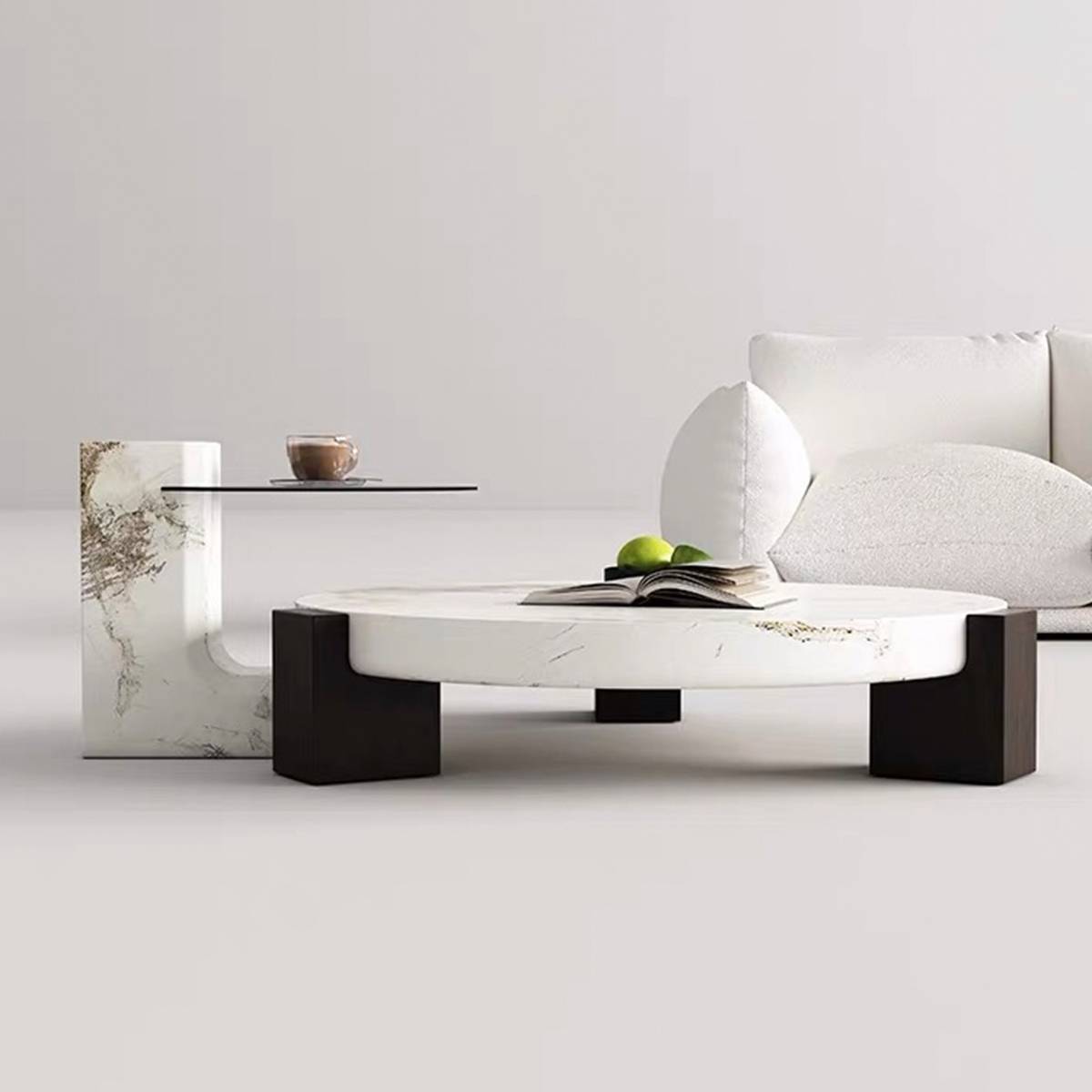 Side view of the coffee table and side table in a living room setting