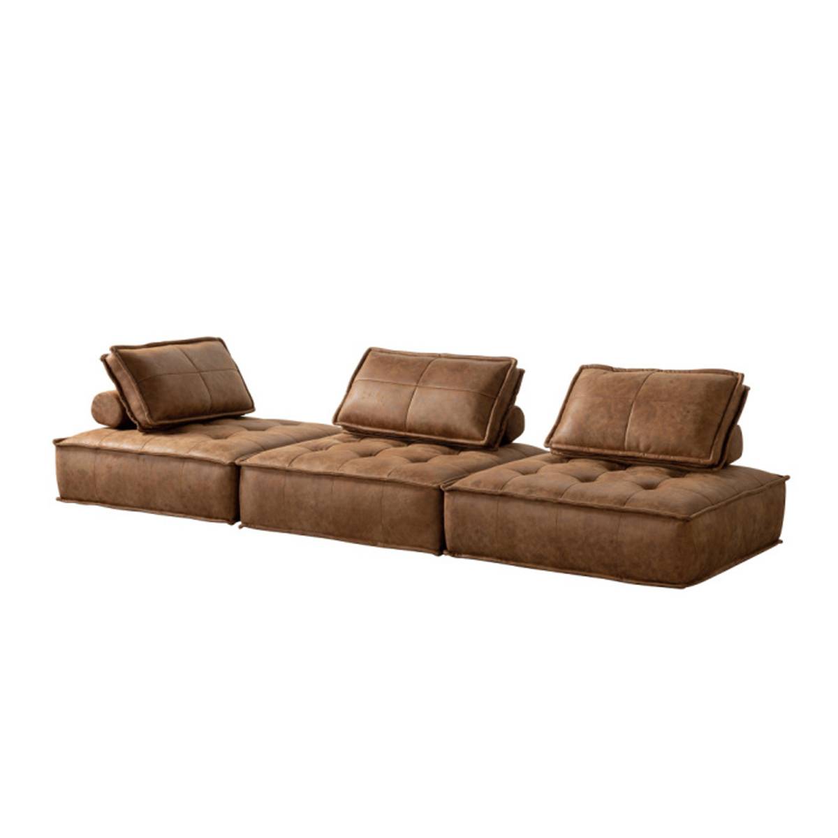 Brown modular sofa arranged in a straight line with tufted cushions