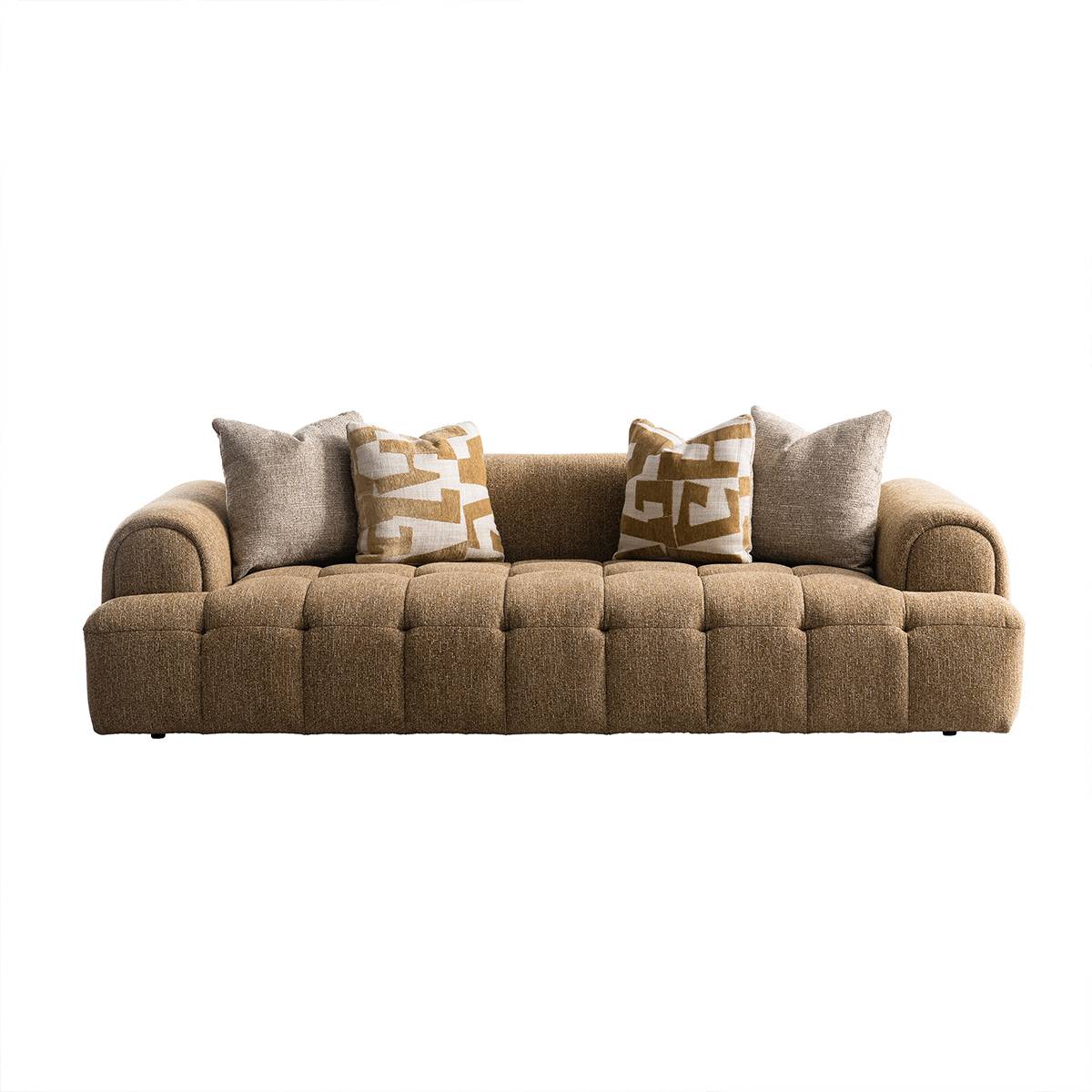 Front view of a brown fabric tufted puff sofa with decorative pillows