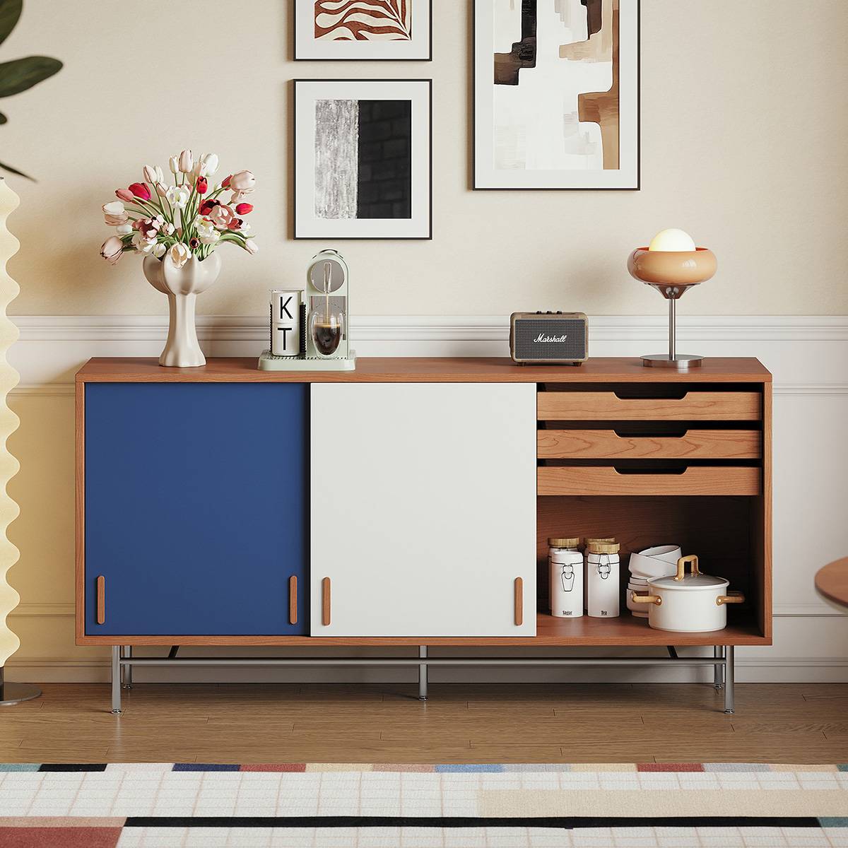 Front view of the sideboard in Vintage Cherry, White, and Blue finish