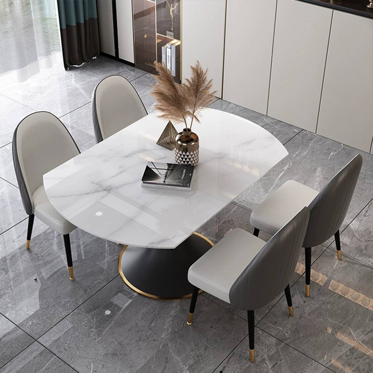 High angle view of the extendable dining table showing the marble pattern