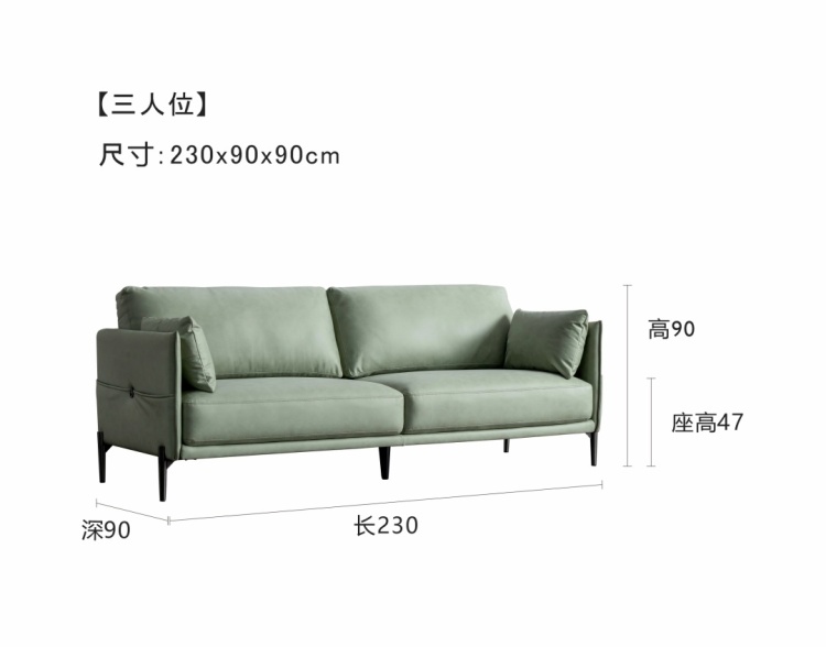 Product parameter diagram showing dimensions for the 3-seater version
