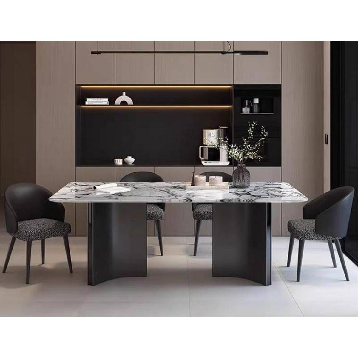 White marble dining table with stainless steel base