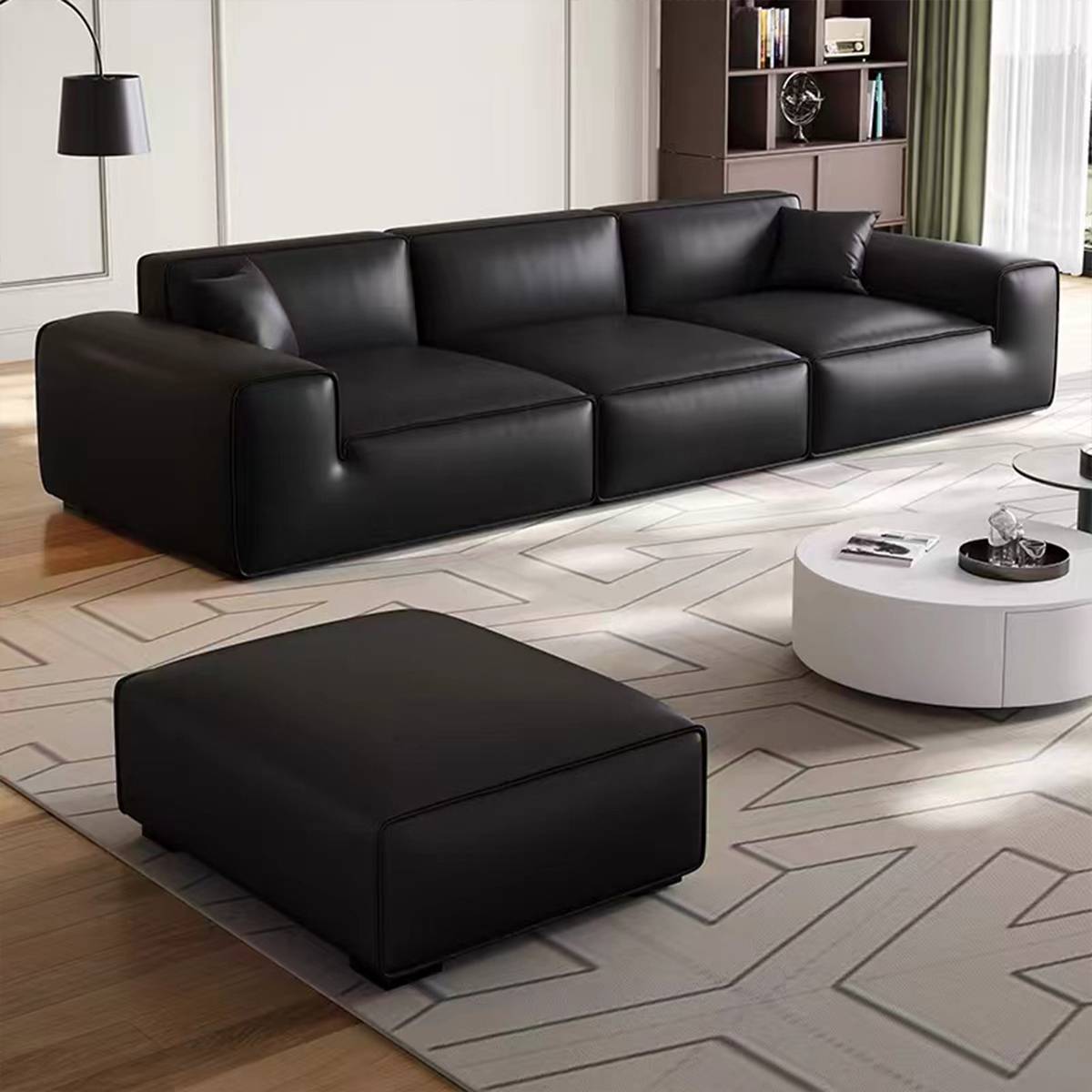 Side angle view of the sofa with a matching ottoman