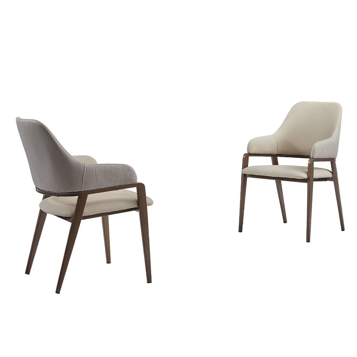 Two modern dining chairs with light beige upholstery and grey fabric backrest