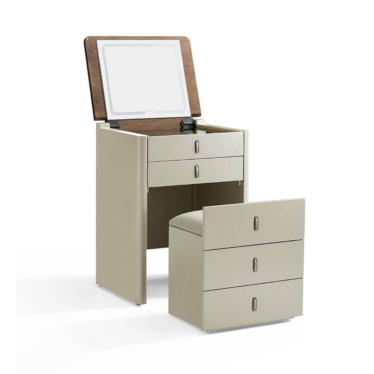 Vanity table with stool and open drawers showing storage capacity