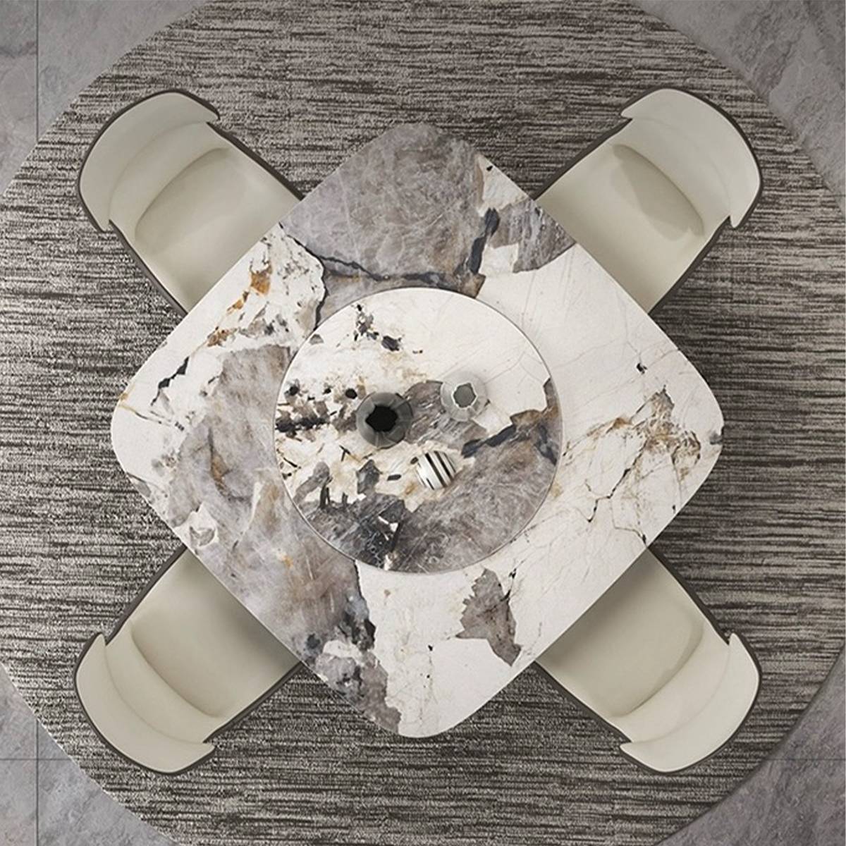 Top-down view of the dining table showing the marble pattern and rotating tray