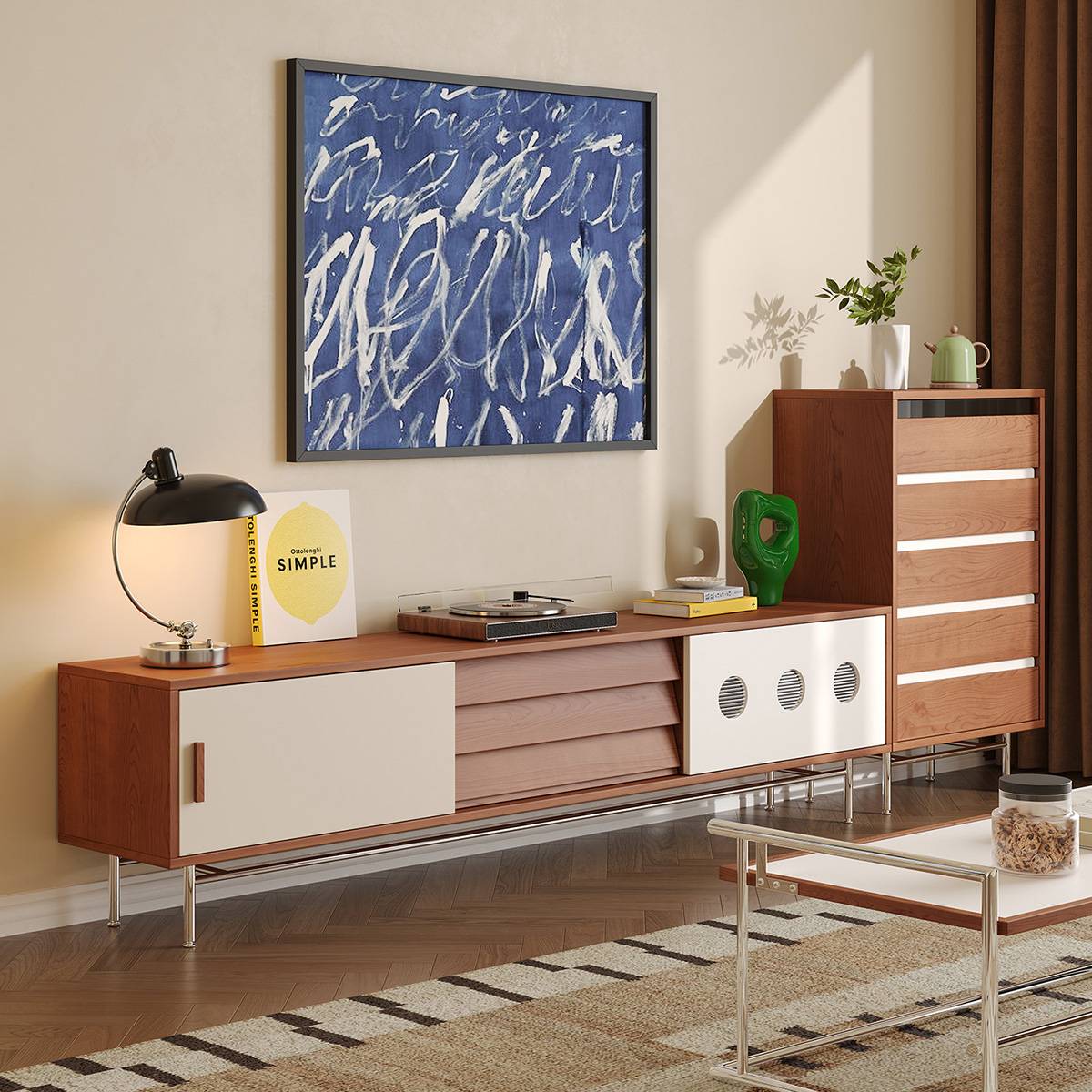 Bauhaus TV console in a living room setting with a record player and lamp