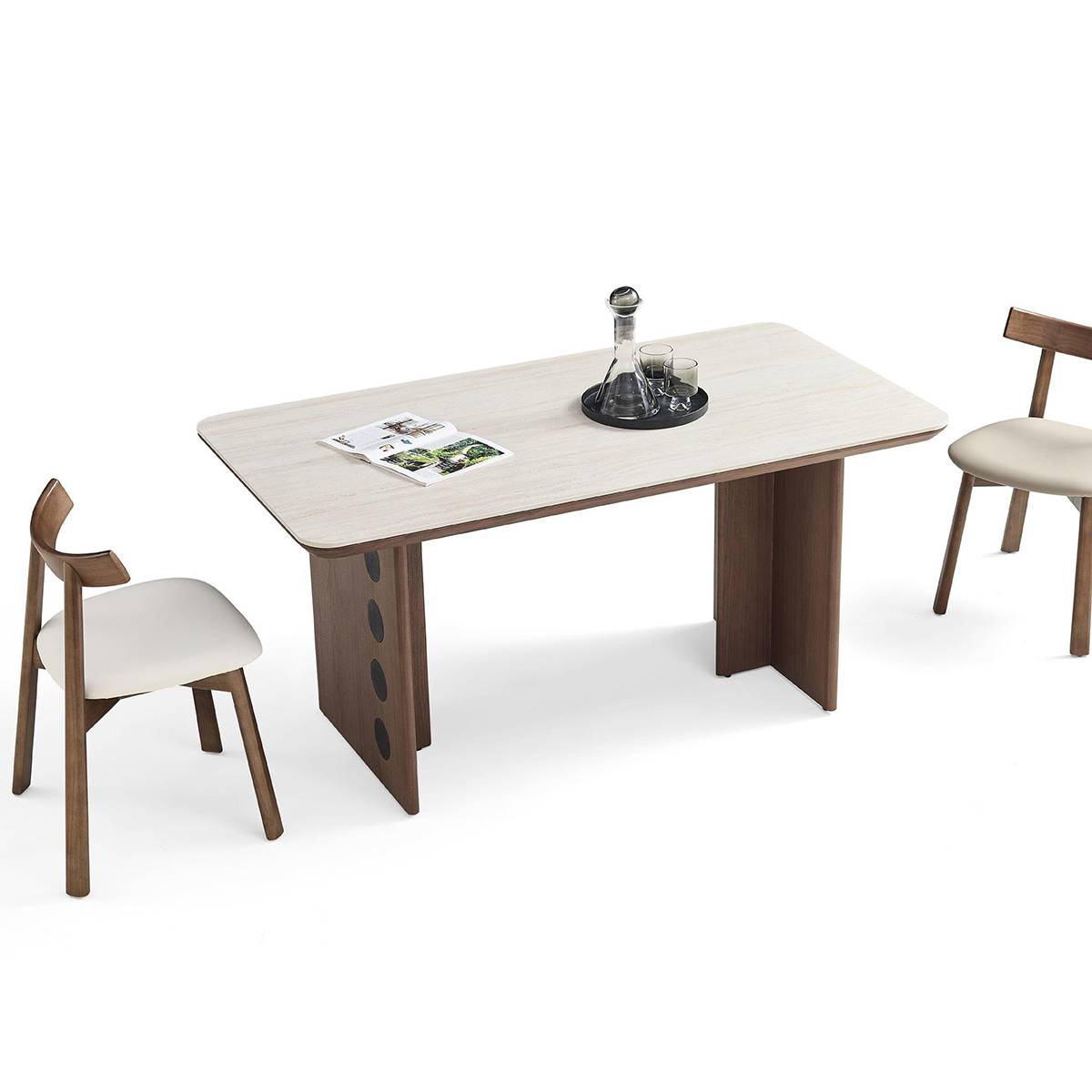 Square wooden dining table with light top and dark legs