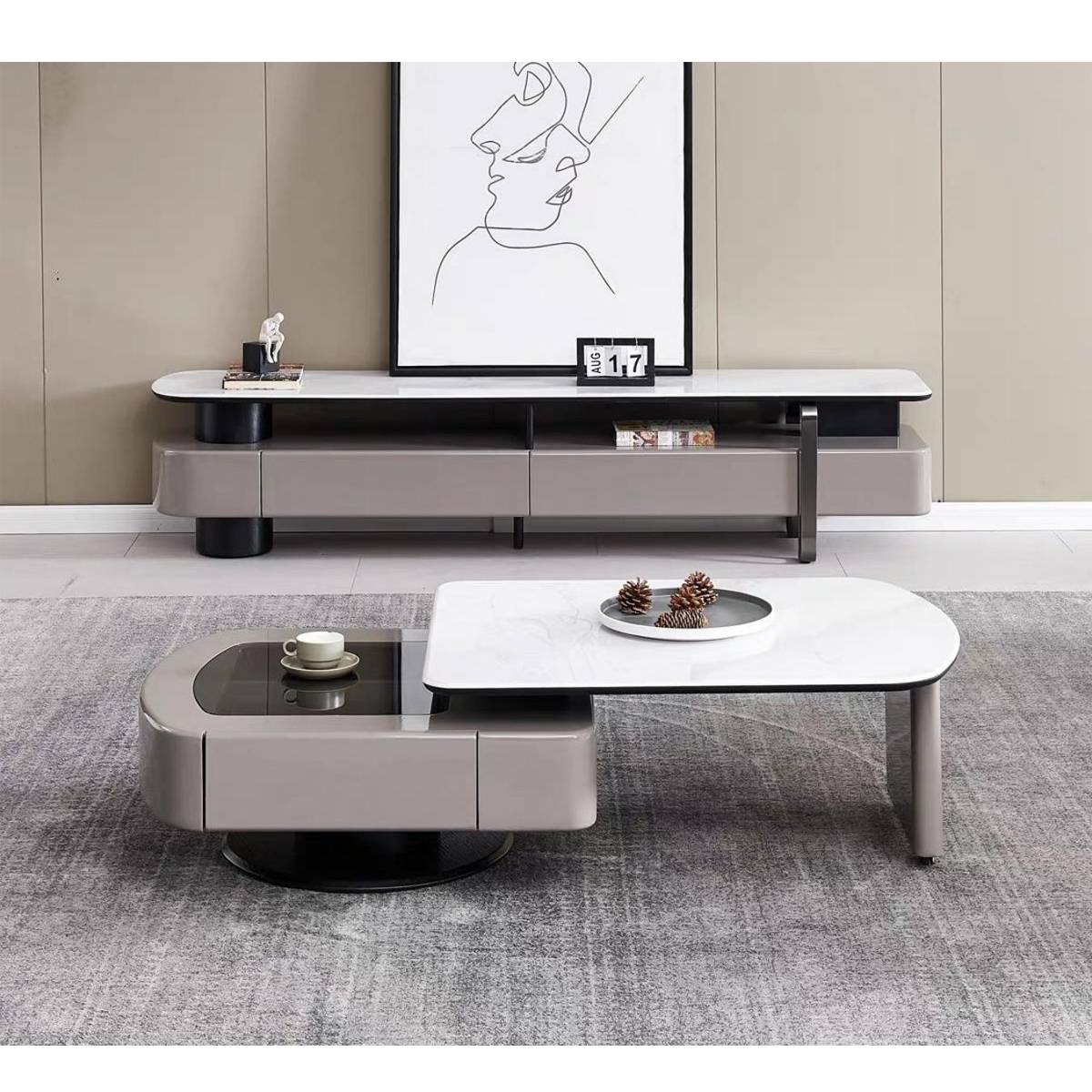 Full view of the coffee table in a living room setting with a matching TV console
