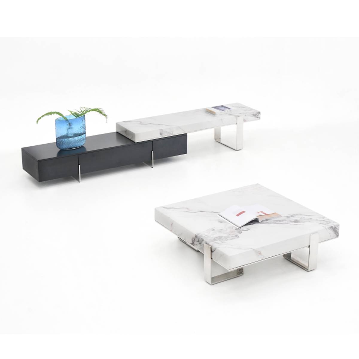 White marble coffee table and console set in living room setting