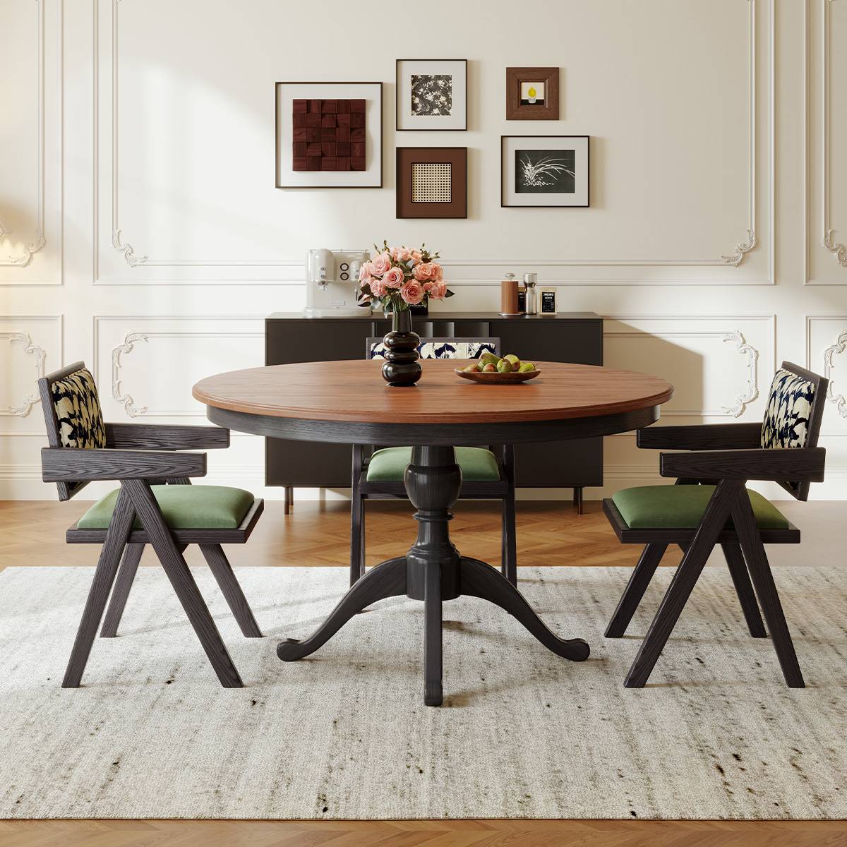 Front view of the round dining table with matching chairs