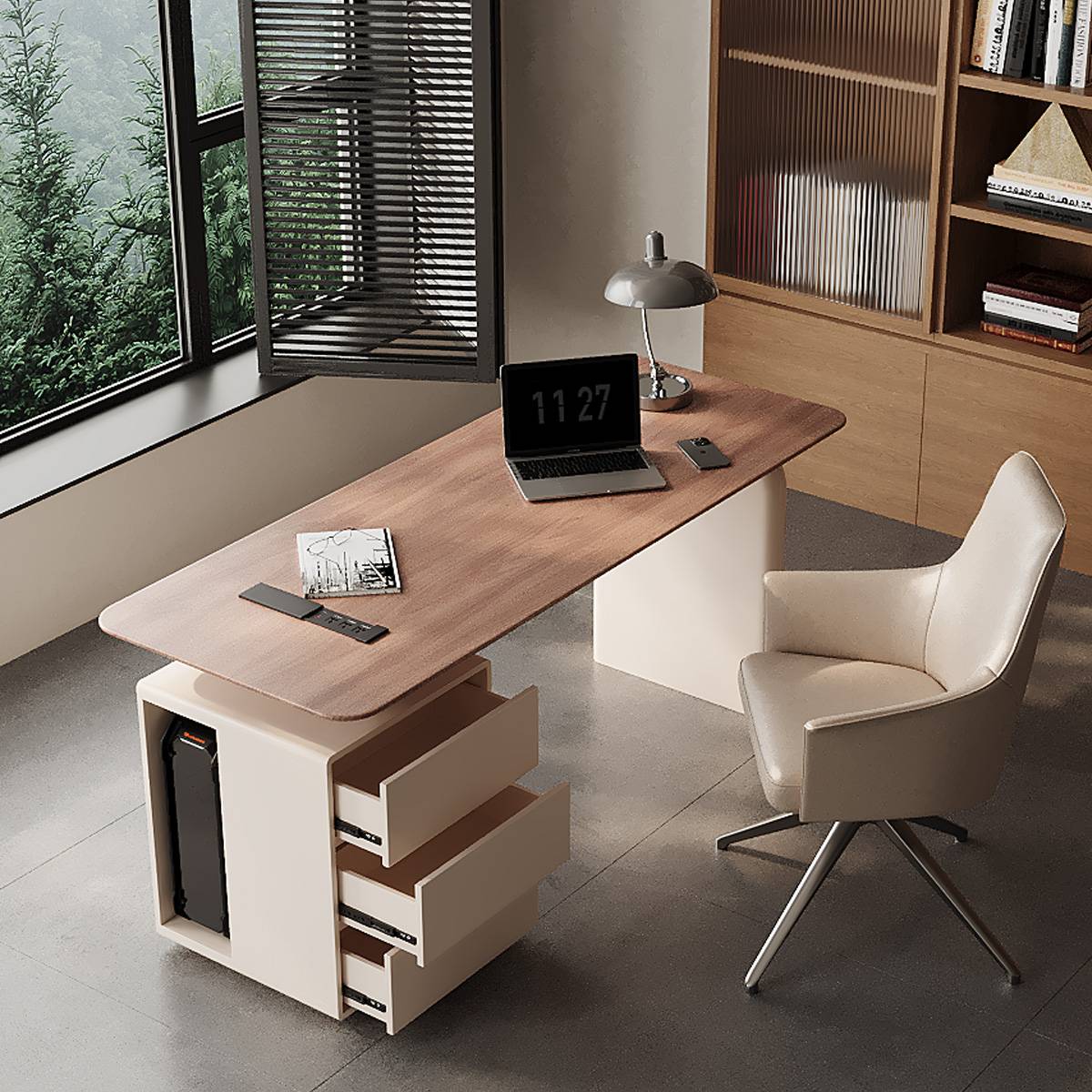High-angle view of the desk showing the open drawers of the pedestal and the walnut wood grain.