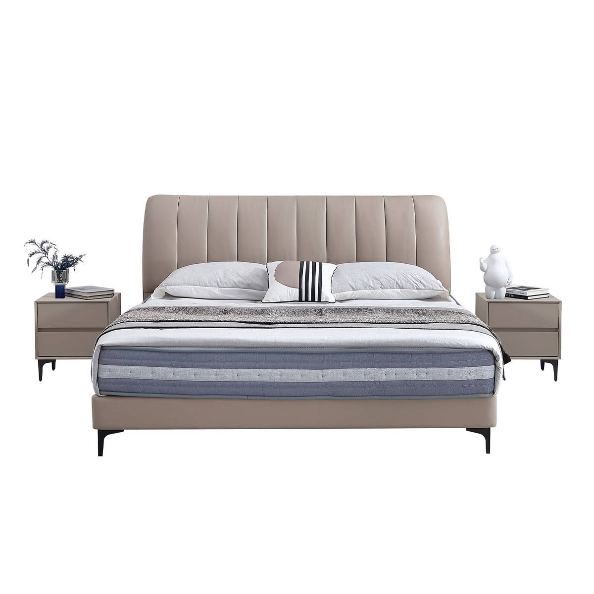 Front view of a beige modern leather soft bed with matching bedside tables